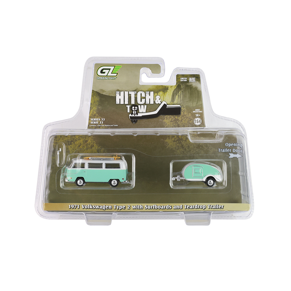 1971 Volkswagen Type 2 with surfboards and Teardrop Trailer