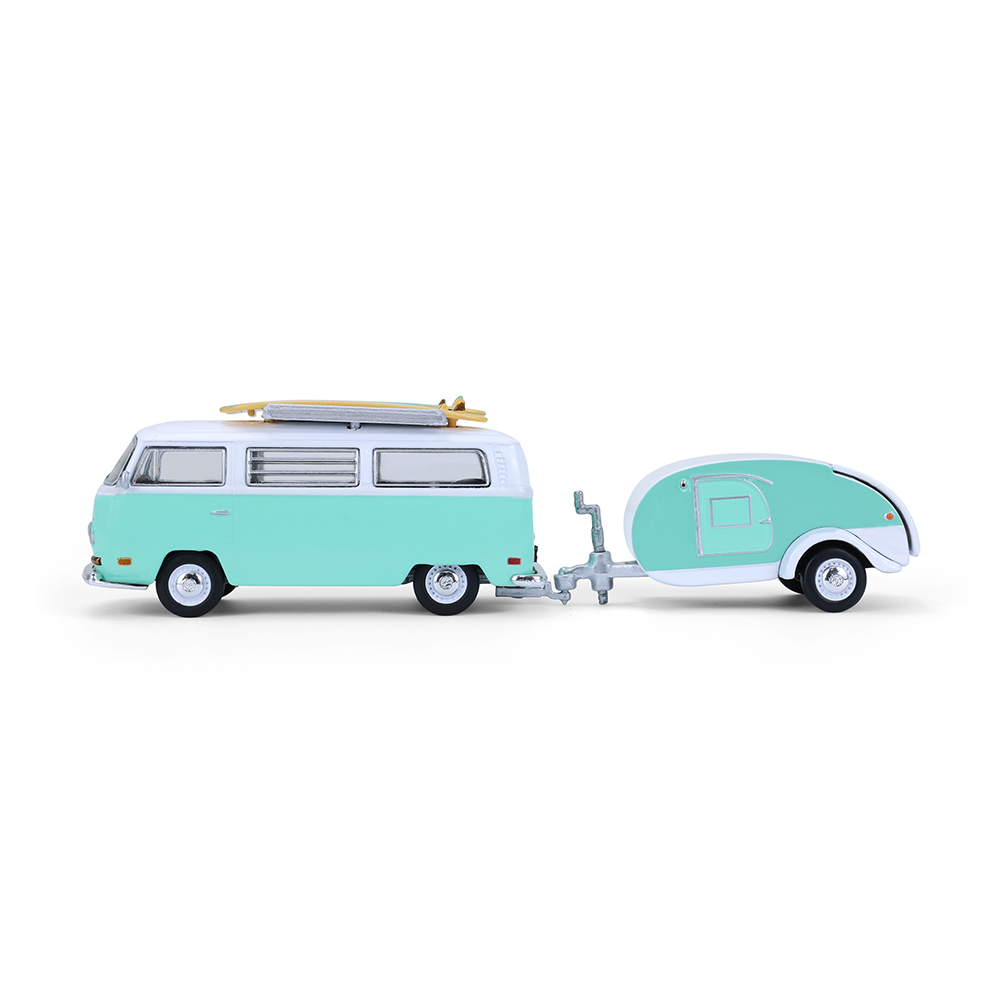 1971 Volkswagen Type 2 with surfboards and Teardrop Trailer
