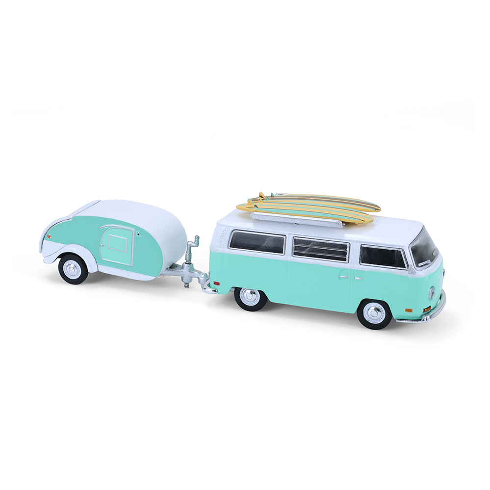 1971 Volkswagen Type 2 with surfboards and Teardrop Trailer