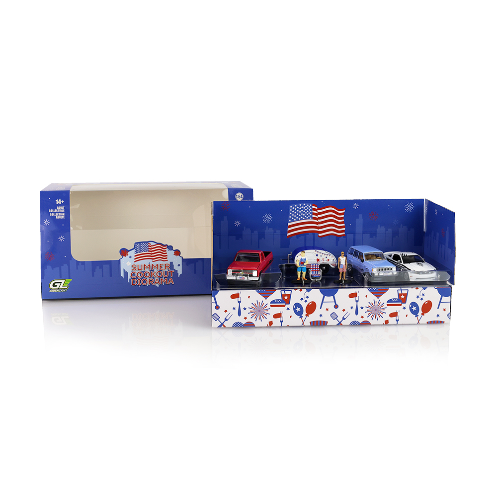 Multi-Car Dioramas - 4th of July Cookout (Jeep Grand Cherokee Laredo, Chevrolet Silverado C10 Pickup Truck, Ford Mustang GT with Stars & Stripes Graphics, Americana Teardop Trailer, Cookout Figures)